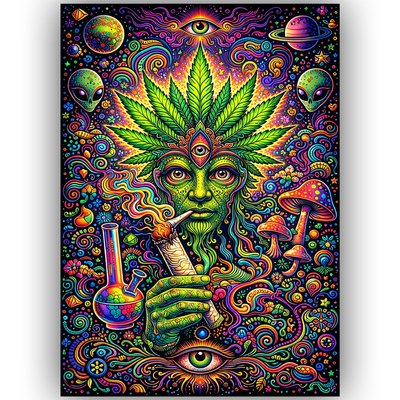 TRIPPY WEED POSTER MARIJUANA PSYCHEDELIC WALL ART A3 – ALIEN SMOKING BONG CANNABIS PRINT DECOR