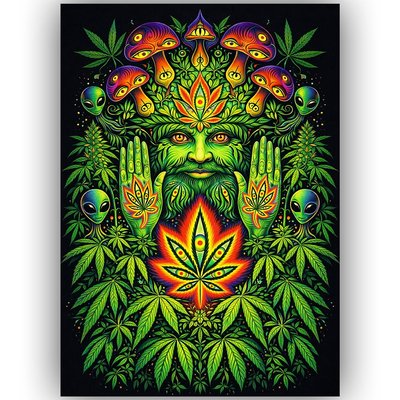 TRIPPY WEED POSTER MARIJUANA PSYCHEDELIC WALL ART A3 – GREEN GOD CANNABIS SPIRIT STONER ROOM DECOR