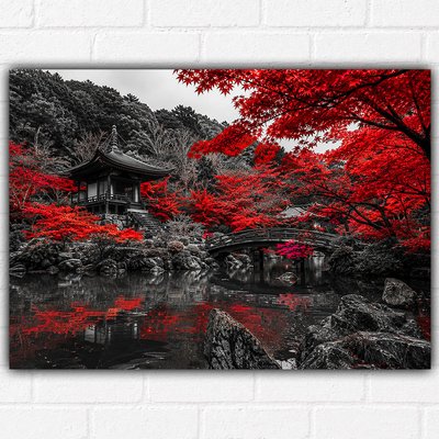 Red Maple Kyoto Garden Poster A3 – Japanese Temple Landscape Wall Art Print – Monochrome & Crimson Nature Decor