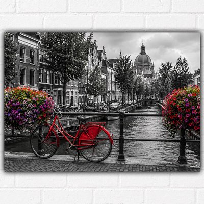 Amsterdam Floral Canal Poster A3 – Red Bicycle Canal Wall Art Print – Monochrome Cityscape & Red Bike Decor