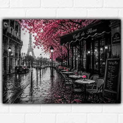 Paris Blossom Café Poster A3 – Paris Street Wall Art Print – Eiffel Tower Café Scene with Pink Blossom Trees