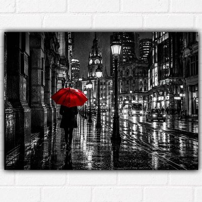 Red Umbrella Rain City Poster A3 – Moody Urban Night Wall Art Print – Black White & Red Street Photography