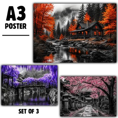 Nature & Scenic Posters Set of 3 – A3 Wall Art Prints – Sakura Temple Wisteria Bridge Forest Cabin