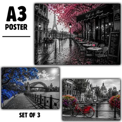 Cityscape & Travel Posters Set of 3 – A3 Wall Art Prints – Paris Sydney Amsterdam Decor