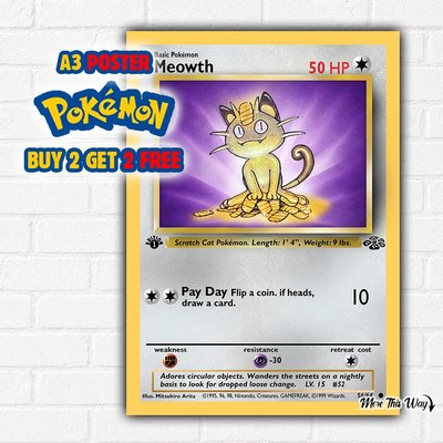Meowth Pokémon Card Poster A3 – Retro Anime Gamer Wall Art Print – Trading Card