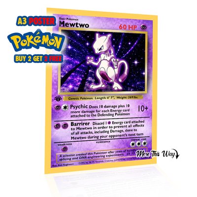 Mewtwo Pokémon Card Poster A3 – Mewtwo Retro Trading Card Wall Art Print – Anime