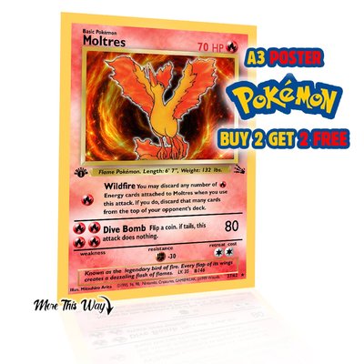 Moltres Pokémon Card Poster A3 – Legendary Fire Bird Anime Wall Art Print
