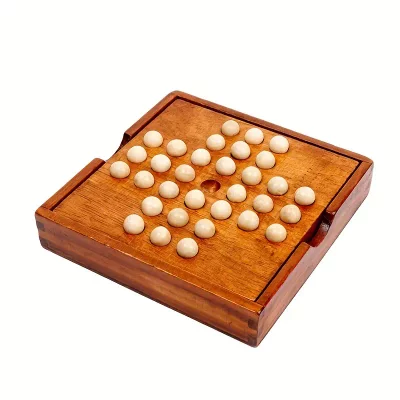 Wooden Solitaire Board Game - Compact Travel Strategy Puzzle with Storage Box