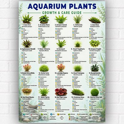 Aquarium Plants Growth & Care Guide Poster A3 – Freshwater Aquatic Plant Identification Chart
