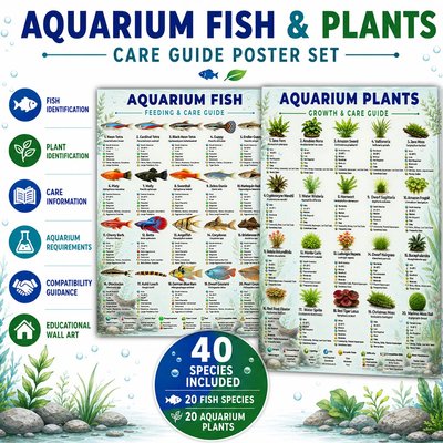 Aquarium Fish & Plants Poster Set A3 (2 Pack) – Freshwater Fish Care Guide & Aquarium Plants Growth Guide Educational Wall Art