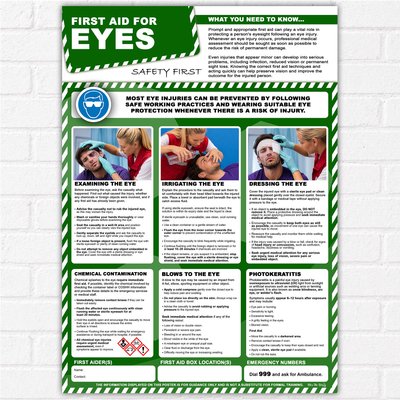 First Aid for Eyes Poster A3 | Eye Injury & Eyewash Emergency Guide | Workplace Health & Safety Wall Chart