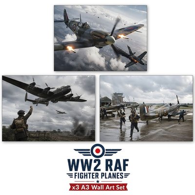 WW2 RAF Fighter Planes x3 A3 Poster Set | Spitfire in action Wall Art Set