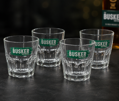 Official The Busker Irish Whiskey Tumblers Set of 4 Rocks Glasses 250ml