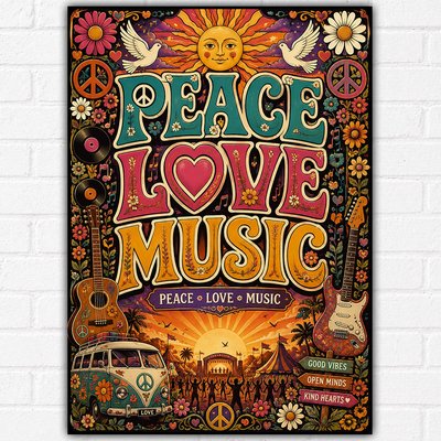 Peace Love Music Poster A3 | Retro 70s Hippie Music Festival Wall Art | Boho Flo