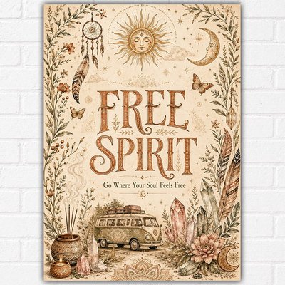 Hippie Free Spirit Poster A3 | Boho Celestial Sun & Moon Wall Art | Crystal Camp