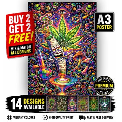 Trippy Weed Poster A3 – Psychedelic Marijuana Wall Art – Stoner Room Decor