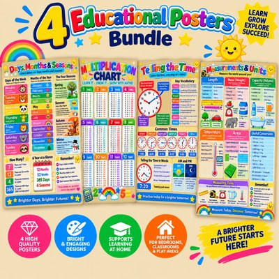 Kids Classroom Posters A3 Set of 4 - Educational Learning