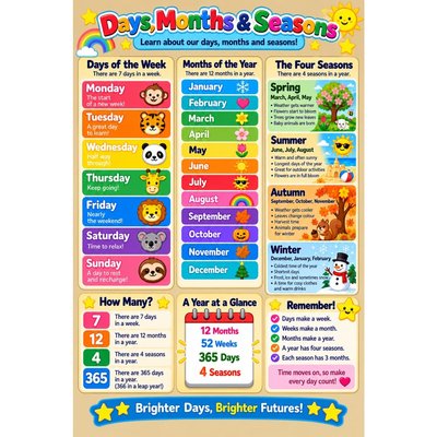Kids Days Months & Seasons Educational Poster A3 Learning Chart