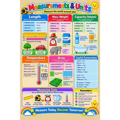 Kids Measurements & Units Educational Poster A3 Maths Chart