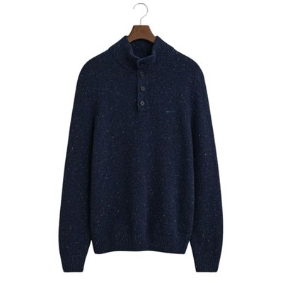 Gant Wool Blend Neps Half Buttoned Sweater - Navy - XL