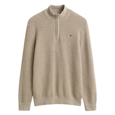 Gant Micro Textured Cotton Half Zip Sweater - Beige - L