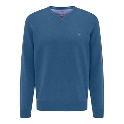 Fynch Hatton V-Neck Superfine Cotton Jumper - Azure blue - L