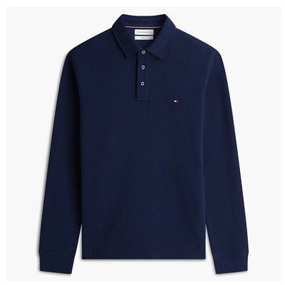 Tommy Hilfiger Regular Waffle Long Sleeve Polo Shirt - Navy - 2XL