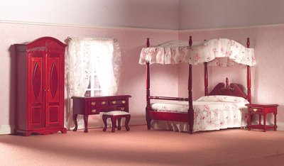 Traditional Bedroom Set with Four-Poster Bed Mahogany for 12th Scale Dolls House