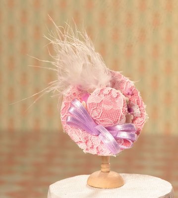 Pink Hat With Lace & Feather Trim for 12th Scale Dolls House