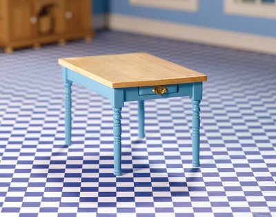 Blue Kitchen Table with Pine Top for 12th Scale Dolls House