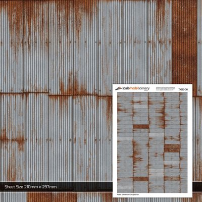 Scale Model Scenery Rusty & Weathered Corrugated Iron Texture Paper (Pack of 5) OO Gauge