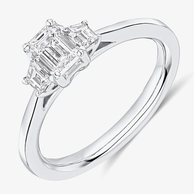 Platinum 0.75ct Certificated Emerald Cut Diamond Three Stone Ring TRL32419