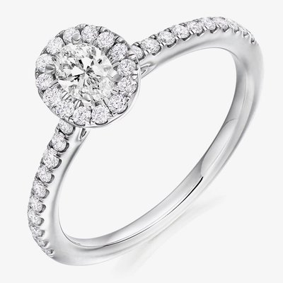 Platinum 0.53 Certificated Oval Cut Diamond Shoulder Set Halo Ring ENG6529SMT2