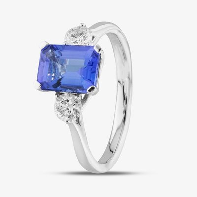 18ct White Gold 1.77ct Emerald Cut Tanzanite & 0.37ct Brilliant Cut Diamond Three Stone Ring R63929W-TZ M