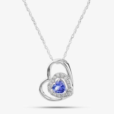 9ct White Gold Double Open Heart Tanzanite & Diamond Pendant Necklace RJP4008