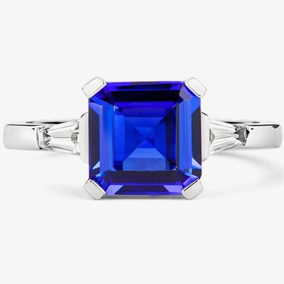 Tivon 18ct White Gold Baguette Cut Diamond & 3.37ct Asscher Cut Tanzanite Ring RW-1517-TZ