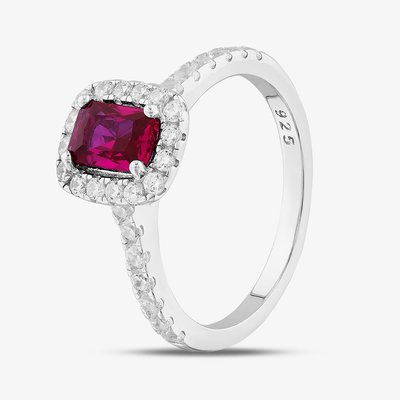 Sterling Silver Red Emerald Cut Cubic Zirconia Shoulder Set Halo Ring S2189-M