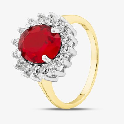 Silver Gold Plated Oval Cut Red & White Cubic Zirconia Halo Ring S2161Y-O