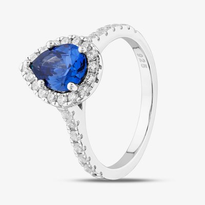 Sterling Silver Blue Pear Cut Cubic Zirconia Shoulder Set Halo Ring S2186-L