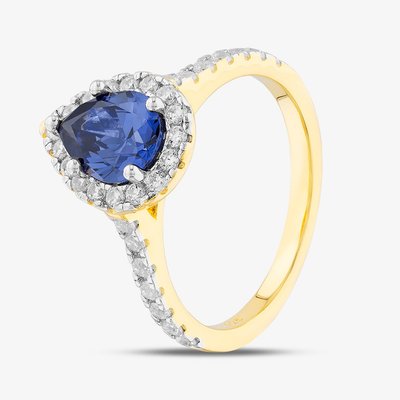 Silver Gold Plated Blue Pear Cut Cubic Zirconia Shoulder Set Halo Ring S2186Y-O
