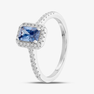 Sterling Silver Cushion Cut Blue Cubic Zirconia Shoulder Set Cluster Ring S2157T-Q