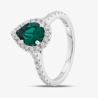 Sterling Silver Teardrop Green & White Cubic Zirconia Ring S2184-P