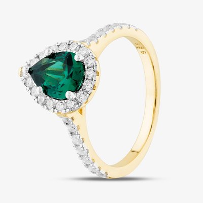 Silver Gold Plated Teardrop Green & White Cubic Zirconia Ring S2184Y-Q