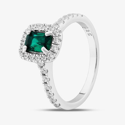 Sterling Silver Emerald Cut Green Cubic Zirconia Shoulder Set Cluster Ring S2188-M