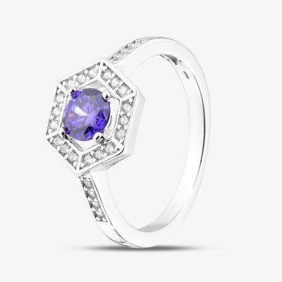 Rhodium Plated Sterling Silver Purple & White Cubic Zirconia Hexagon Halo Ring 8.84.0991 L