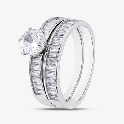 Silver Baguette Cut Cubic Zirconia Two Row Shoulder Set Solitaire Ring R6595 N