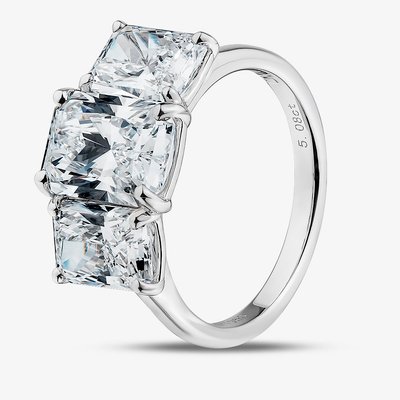 Platinum 5.08ct Certificated Radiant Cut Lab Grown Diamond Three Stone Ring U3785