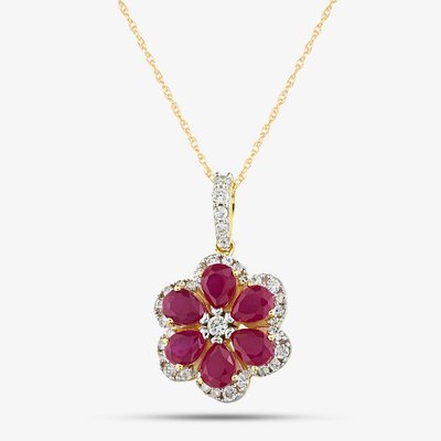9ct Yellow Gold 1.50ct Lab Grown Ruby & 0.25ct Lab Grown Diamond Flower Pendant Necklace LGP44563-RD