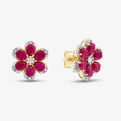9ct Yellow Gold 3.00ct Lab Grown Ruby & 0.25ct Lab Grown Diamond Flower Stud Earrings LGE46343-RD
