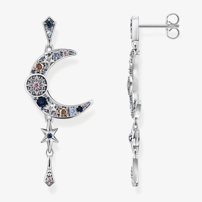 Silver Multi-Coloured Moon & Stars Dropper Earrings H220-945-7